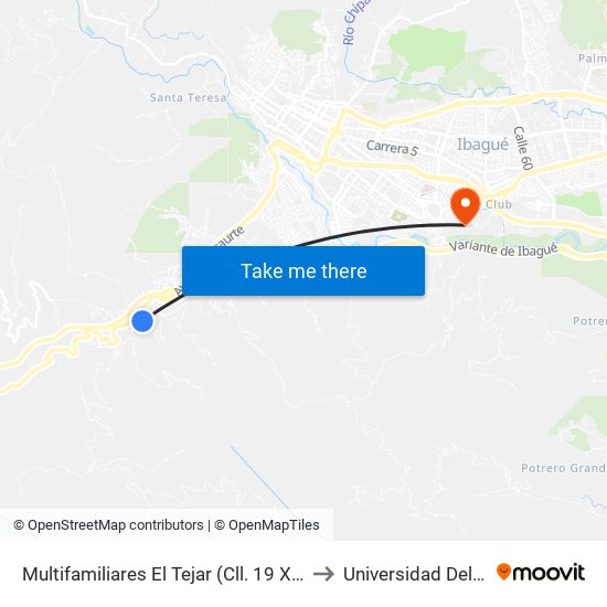 Multifamiliares El Tejar (Cll. 19 X Cra. 38 Sur) to Universidad Del Tolima map