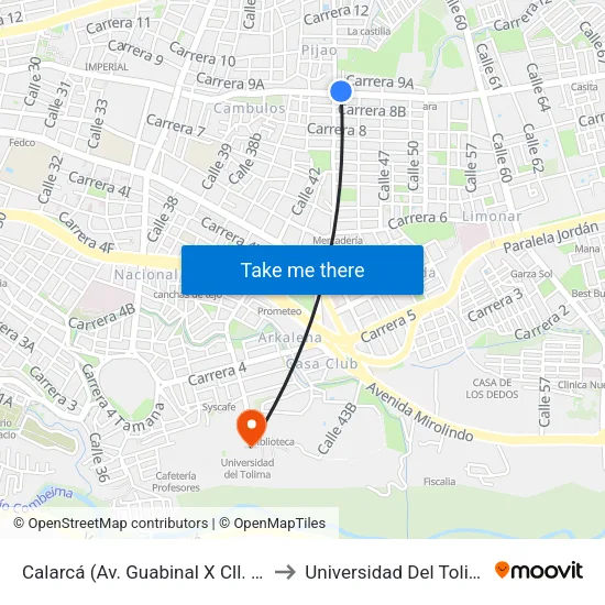 Calarcá (Av. Guabinal X Cll. 44) to Universidad Del Tolima map