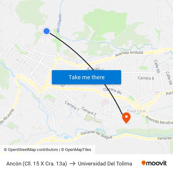 Ancón (Cll. 15 X Cra. 13a) to Universidad Del Tolima map