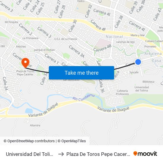 Universidad Del Tolima to Plaza De Toros Pepe Caceres map