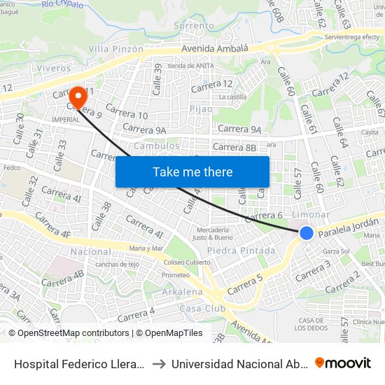 Hospital Federico Lleras Acosta Sede Limonar to Universidad Nacional Abierta Y A Distancia Unad map