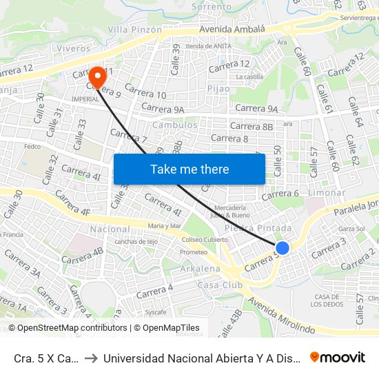 Cra. 5 X Call. 47 to Universidad Nacional Abierta Y A Distancia Unad map