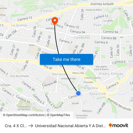 Cra. 4 X Cll. 42 to Universidad Nacional Abierta Y A Distancia Unad map