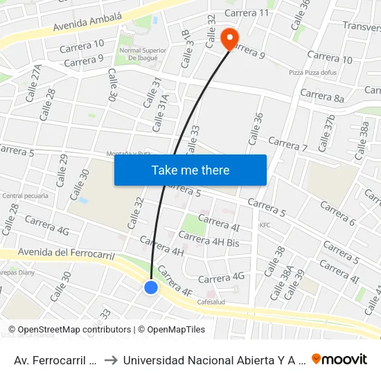 Av. Ferrocarril X Cll. 34 to Universidad Nacional Abierta Y A Distancia Unad map