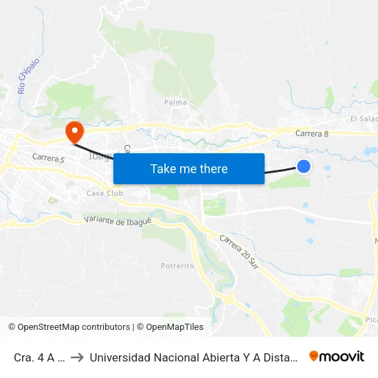 Cra. 4 A Sur to Universidad Nacional Abierta Y A Distancia Unad map