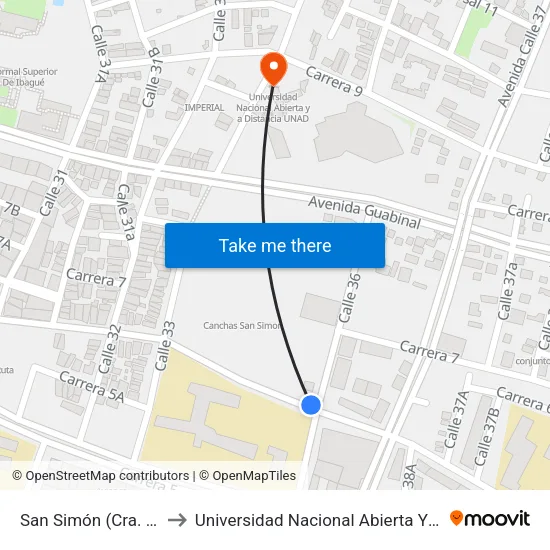 San Simón (Cra. 6 X Cll. 33) to Universidad Nacional Abierta Y A Distancia Unad map