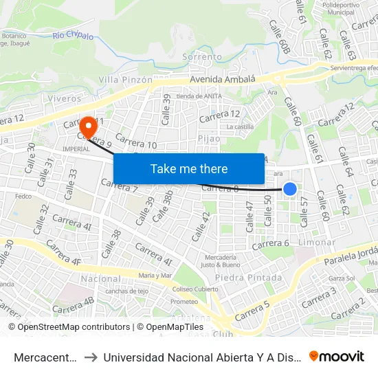 Mercacentro #4 to Universidad Nacional Abierta Y A Distancia Unad map