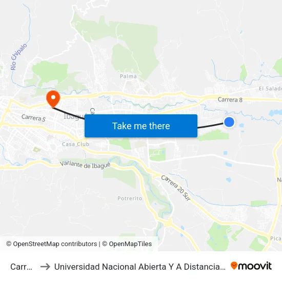 Carrera to Universidad Nacional Abierta Y A Distancia Unad map