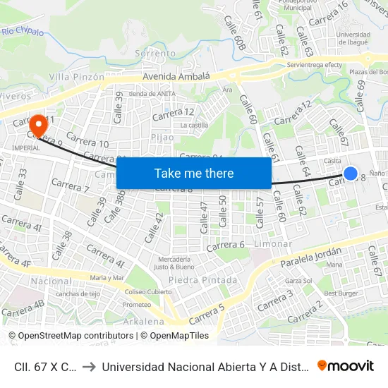 Cll. 67 X Cra. 8 to Universidad Nacional Abierta Y A Distancia Unad map