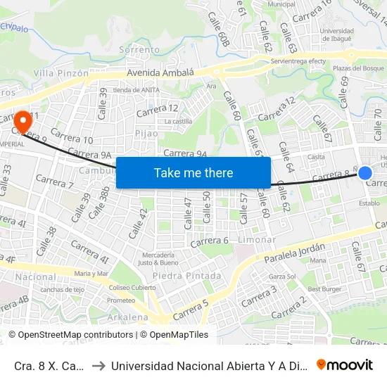 Cra. 8 X. Calle 69. to Universidad Nacional Abierta Y A Distancia Unad map