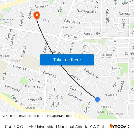 Cra. 5 X Cll. 41 to Universidad Nacional Abierta Y A Distancia Unad map