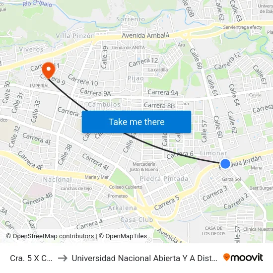Cra. 5 X Cll. 60 to Universidad Nacional Abierta Y A Distancia Unad map