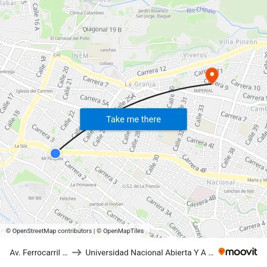 Av. Ferrocarril X Cra. 2 to Universidad Nacional Abierta Y A Distancia Unad map