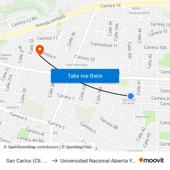 San Carlos (Cll. 40 X Cra. 8) to Universidad Nacional Abierta Y A Distancia Unad map