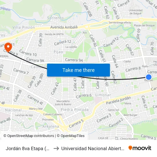Jordán 8va Etapa (Cra. 7 X Cll. 69) to Universidad Nacional Abierta Y A Distancia Unad map
