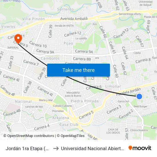 Jordán 1ra Etapa (Cll. 64 X Cra. 4) to Universidad Nacional Abierta Y A Distancia Unad map