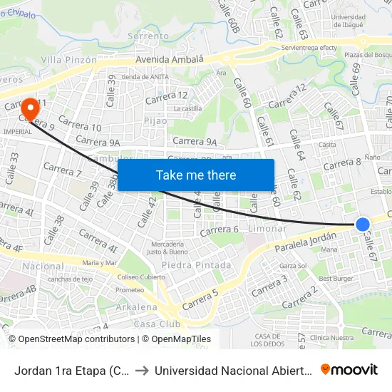Jordan 1ra Etapa (Cra. 5 X Cll. 65a) to Universidad Nacional Abierta Y A Distancia Unad map