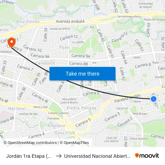 Jordán 1ra Etapa (Cll. 67 X Cra. 4) to Universidad Nacional Abierta Y A Distancia Unad map