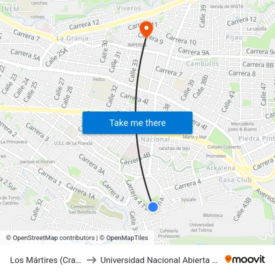 Los Mártires (Cra. 4 X Cll. 37) to Universidad Nacional Abierta Y A Distancia Unad map