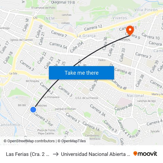 Las Ferias (Cra. 2 Sur X Cll. 25) to Universidad Nacional Abierta Y A Distancia Unad map