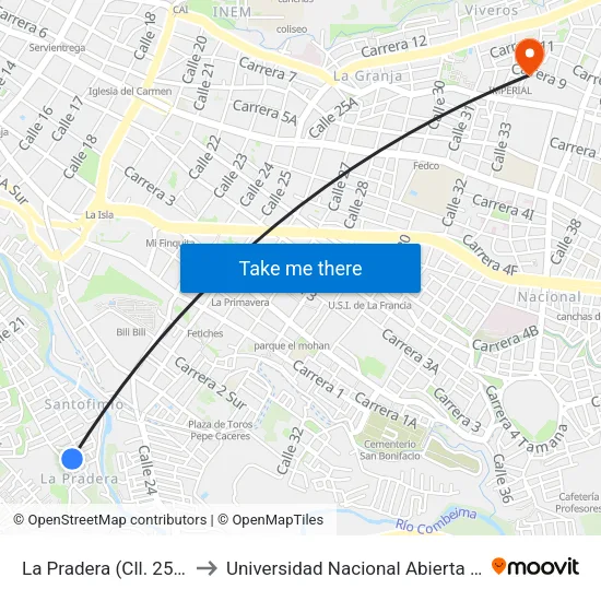 La Pradera (Cll. 25 X Cra. 6 Sur) to Universidad Nacional Abierta Y A Distancia Unad map
