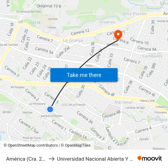 América (Cra. 2 X Cll. 28) to Universidad Nacional Abierta Y A Distancia Unad map