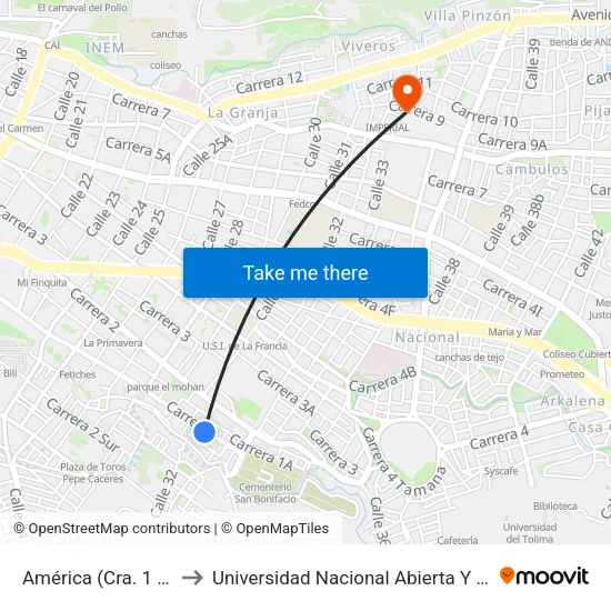 América (Cra. 1 X Cll. 30a) to Universidad Nacional Abierta Y A Distancia Unad map