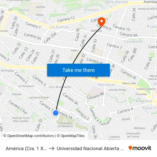 América (Cra. 1 X Cll. 31 Bis) to Universidad Nacional Abierta Y A Distancia Unad map