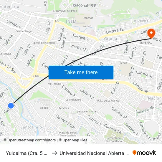 Yuldaima (Cra. 5 Sur X Cll. 21) to Universidad Nacional Abierta Y A Distancia Unad map