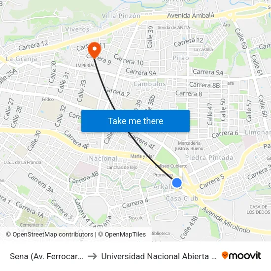 Sena (Av. Ferrocarril X Cll. 43a) to Universidad Nacional Abierta Y A Distancia Unad map