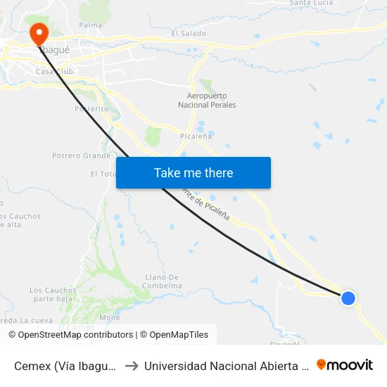 Cemex (Vía Ibagué Gualanday) to Universidad Nacional Abierta Y A Distancia Unad map
