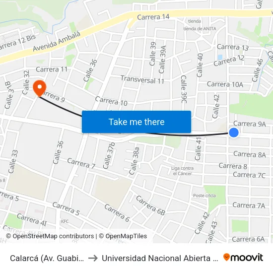 Calarcá (Av. Guabinal X Cll. 44) to Universidad Nacional Abierta Y A Distancia Unad map