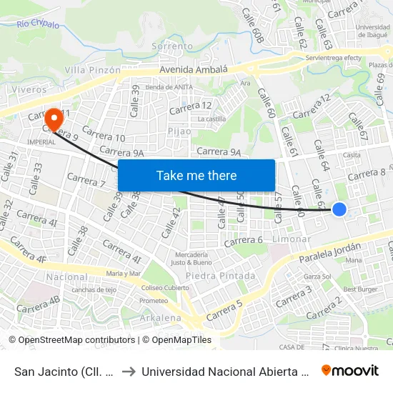 San Jacinto (Cll. 64 X Cra. 7) to Universidad Nacional Abierta Y A Distancia Unad map