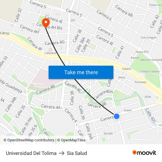 Universidad Del Tolima to Sia Salud map