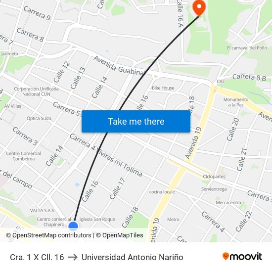 Cra. 1 X Cll. 16 to Universidad Antonio Nariño map