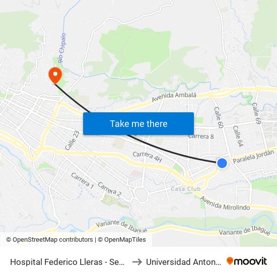 Hospital Federico Lleras - Sede El Limonar to Universidad Antonio Nariño map
