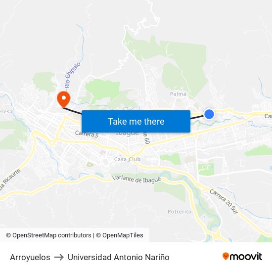 Arroyuelos to Universidad Antonio Nariño map