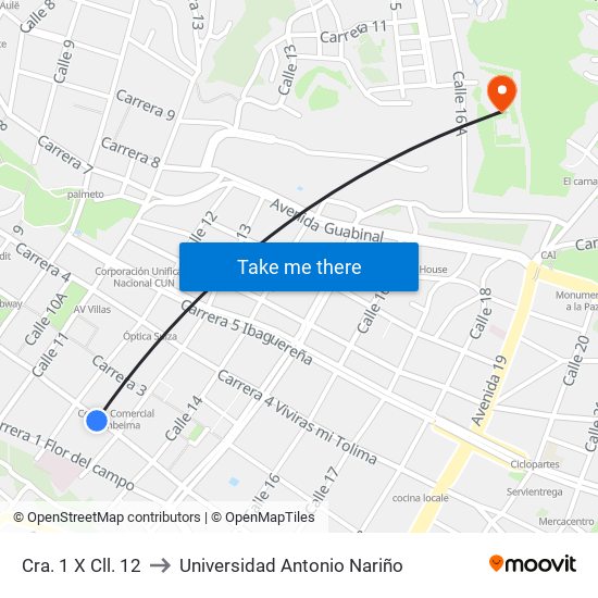 Cra. 1 X Cll. 12 to Universidad Antonio Nariño map