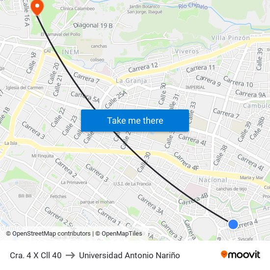 Cra. 4 X Cll 40 to Universidad Antonio Nariño map