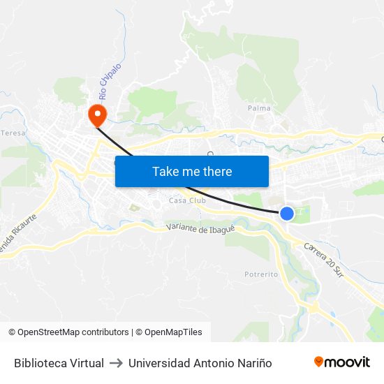 Biblioteca Virtual to Universidad Antonio Nariño map