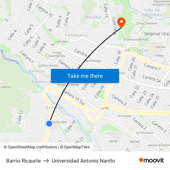 Barrio Ricaurte to Universidad Antonio Nariño map