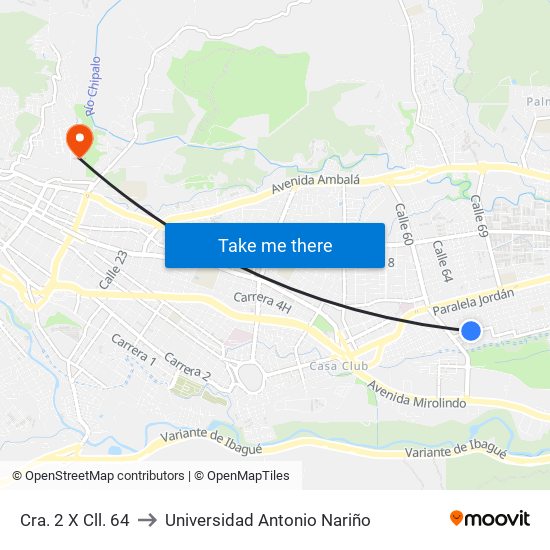 Cra. 2 X Cll. 64 to Universidad Antonio Nariño map