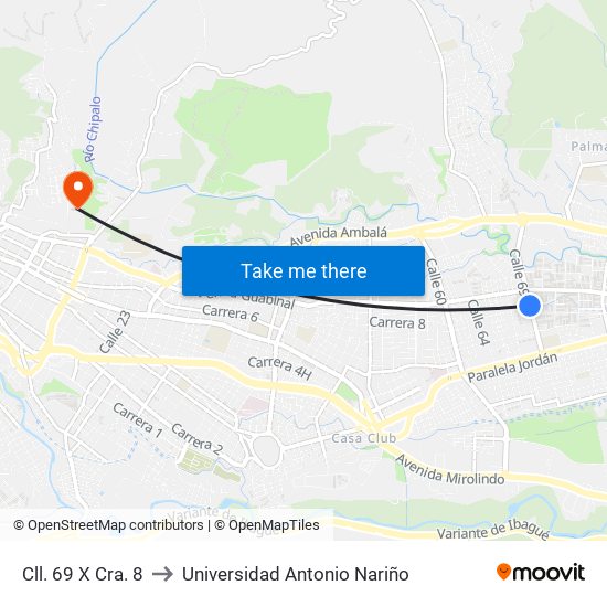 Cll. 69 X Cra. 8 to Universidad Antonio Nariño map