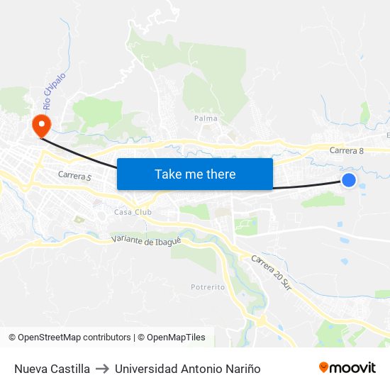Nueva Castilla to Universidad Antonio Nariño map