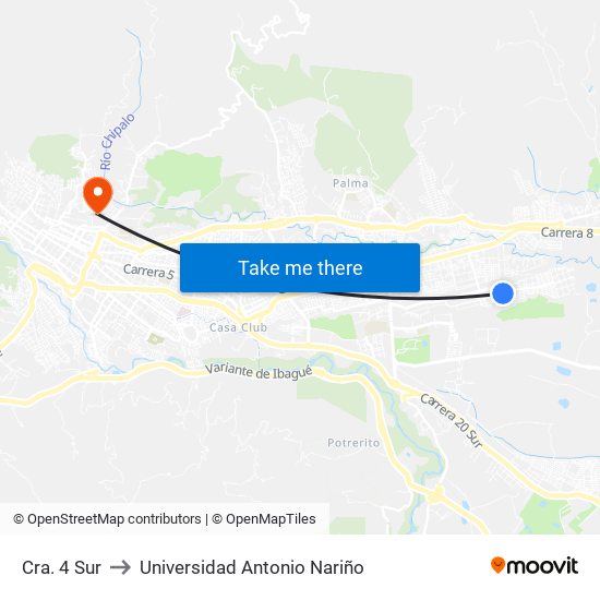 Cra. 4 Sur to Universidad Antonio Nariño map