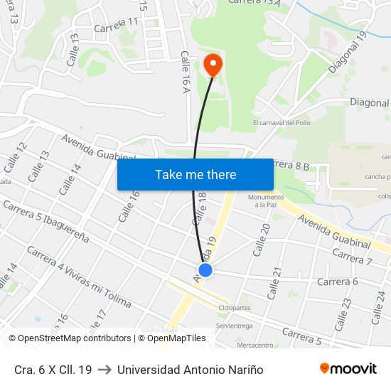 Cra. 6 X Cll. 19 to Universidad Antonio Nariño map