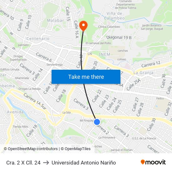 Cra. 2 X Cll. 24 to Universidad Antonio Nariño map