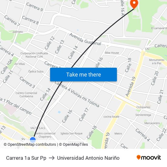 Carrera 1a Sur Pp to Universidad Antonio Nariño map