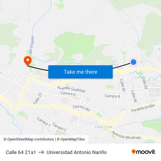 Calle 64 21a1 to Universidad Antonio Nariño map
