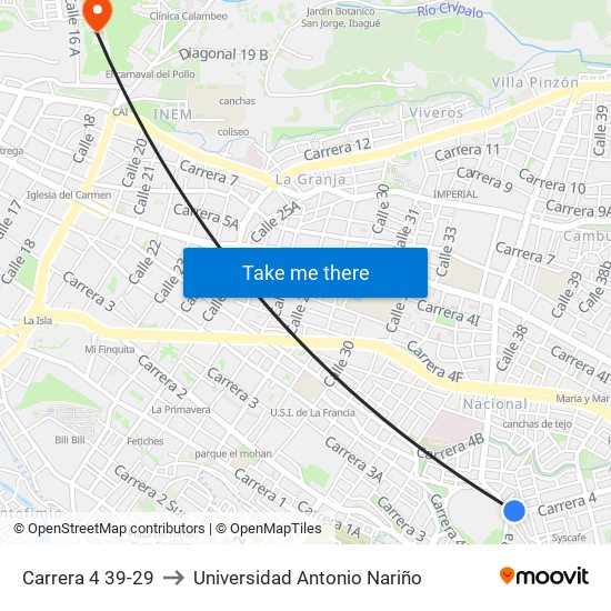 Carrera 4 39-29 to Universidad Antonio Nariño map